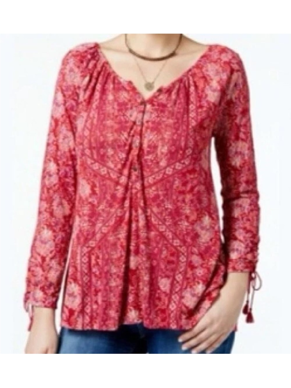 Lucky Brand Red Floral Peasant Tunic Top